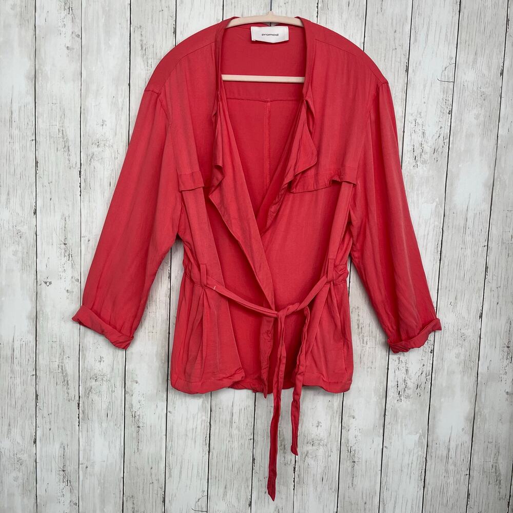 Promod Belted 3/4 Sleeve Lightweight Bright Colorful Basic Open Front Blazer